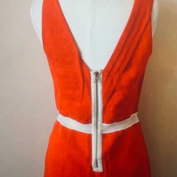 Rag and Bone Linen Cotton Asymmetrical V-Neck Dress in Orange and White - Picture 3 of 6